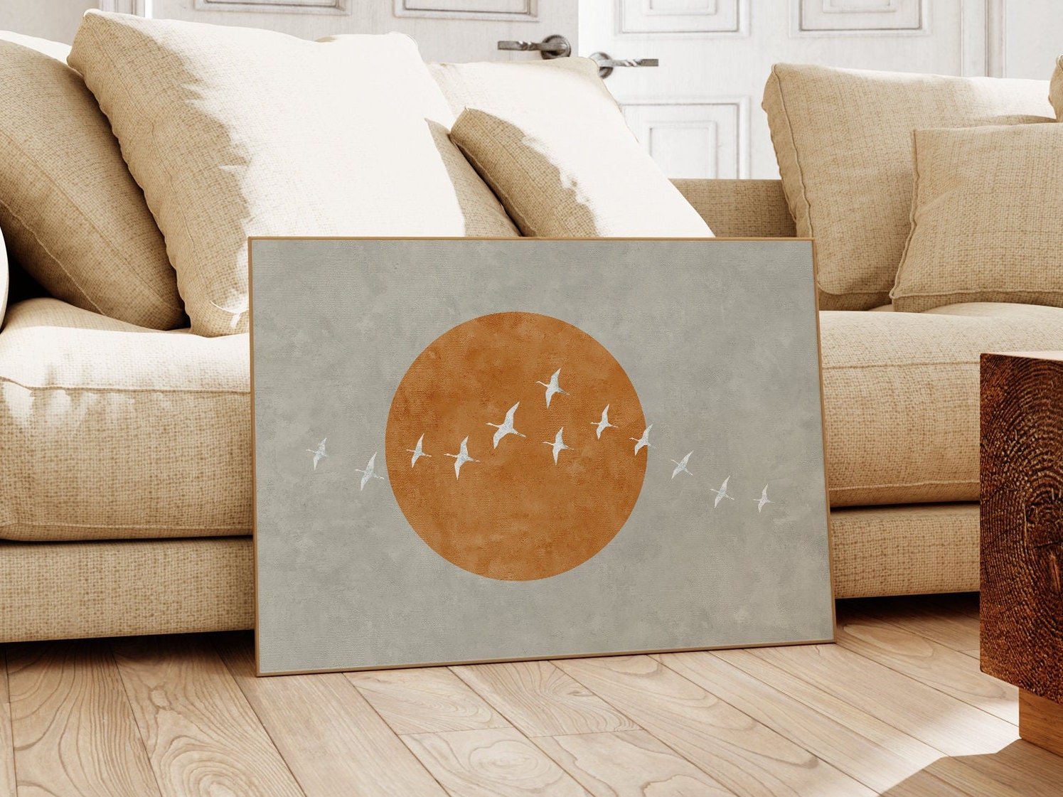 Horizontal Japandi Wall Art, Beige Cranes Print, Boho Sun Art