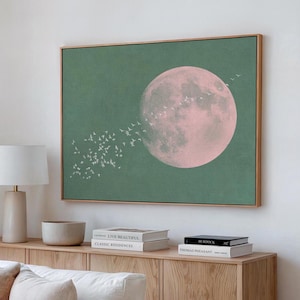 Arte de pared japonés verde salvia, póster de luna rosa, impresión artística de bandada de pájaros y luna, decoración verde relajante, dormitorio elegante, descarga IMPRIMIBLE / L093