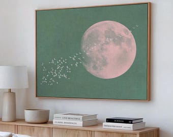 Sage Green Japandi Wall Art, Pink Moon Poster, Flock of Birds Moon Art Print, Calming Green Decor, Elegant Bedroom PRINTABLE Download | L093