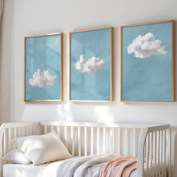 Baby Blue Cloud SET of 3 Prints, Nursery Wall Decor Sky Blue Cloud Above Bed Poster Cloud Zen Wall Art Minimalist PRINTABLE Gallery | S112-3