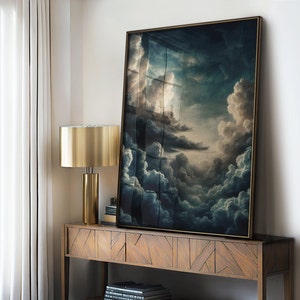 May include: A framed canvas print of a dark blue and gray cloudy sky with a golden light shining through the clouds.