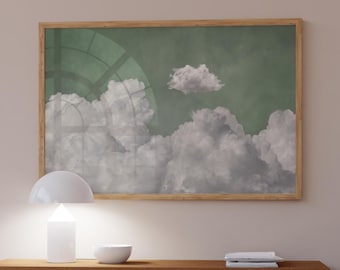 Lámina de nubes verde salvia, arte mural de nubes verdes, decoración de sala de estar con cielo verde musgo, arte horizontal para encima de la cama, arte maximalista de cielo PRINT / L114