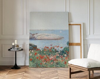 Vintage Küsten Gemälde, Grün Beige Landschaft Druck, Mohnfeld Wand Kunst, Sanfter Ton Cottagecore Dekor, Badezimmer DRUCKBAR Download | H057