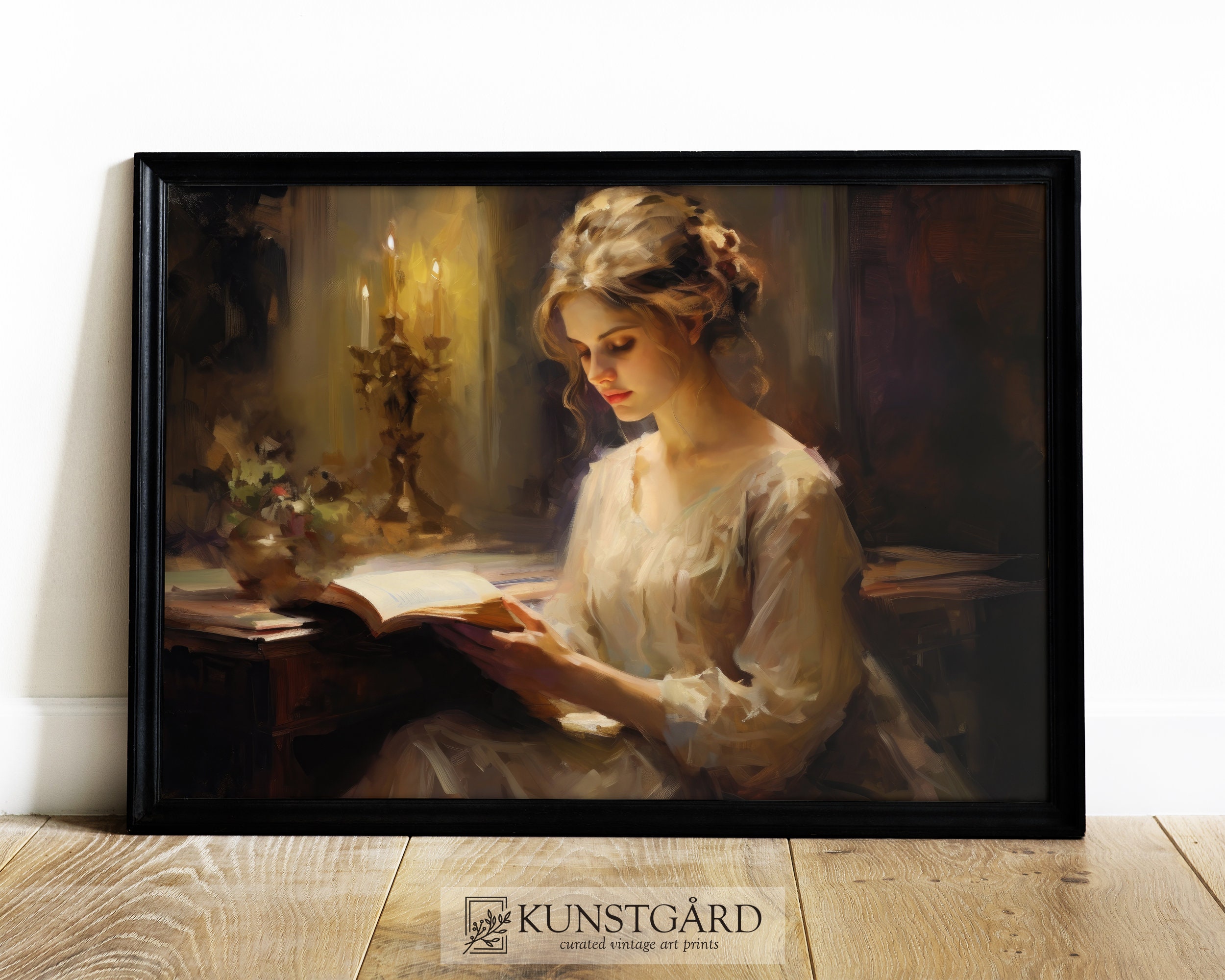 Dänisches Vintage Leinwandbild – „Frau Beim Lesen“ Ölgemälde-Druck, 40x60 Cm Mit Schwarzem Rahmen, Retro-Wanddekoration