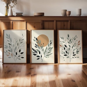 Green Beige Print SET of 3, Abstract Branches Boho Style, Neutral Leaves Wall Decor, Minimalist Boho Gallery Set PRINTABLE Download | S76-3
