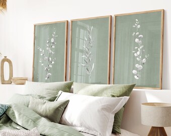 Sage Green Botanical SET of 3 Prints, Boho Gallery, Olive Green Botanical Wall Decor, Leaf Print Abstract Flower PRINTABLE Download | S103-3