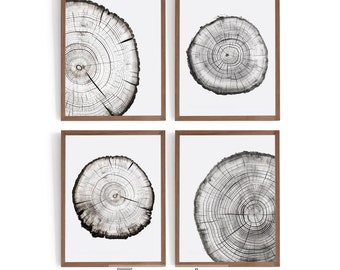 Tree Ring Print Set of 4 | Woodcut Print Wall Art | Wood Slice PRINTABLE Digital Download | S12-4