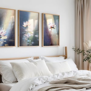 Pink and Blue Lotus Painting SET of 3, Above Bed Floral, Japandi Art Bathroom, Large Gallery Set, Minimalist Digital PRINTABLE | S25-3