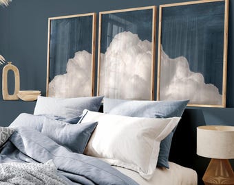 Donkerblauwe wolk SET van 3 prints, marineblauwe wolkposter Moody Cloud moderne minimalistische woonkamerkunst boven bed PRINTBARE download | S131-3