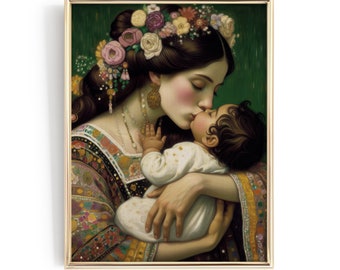 Mutter und Kind Portrait Gemälde, Mutter Liebe Wand Kunst, Kinderzimmer Dekor (Digitaler Download) | H354