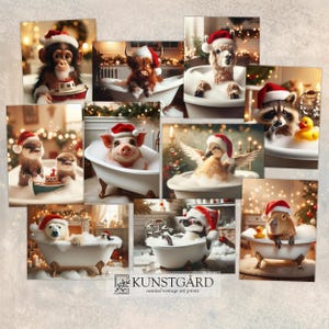 May include: A collage of ten images featuring various animals wearing Santa hats and taking a bath in a white bathtub. The animals include a monkey, a cow, an alpaca, a raccoon, a duck, a pig, an otter, a capybara, and a penguin.