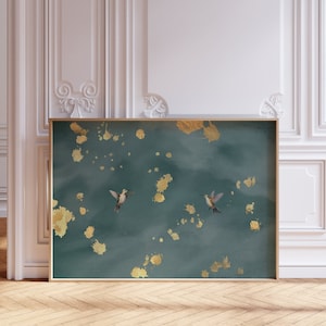Emerald Green Japandi Wall Art, Sage Green Living Room Decor, Green Gold Painting Birds, Modern Wall Art, Large PRINTABLE Download | L369