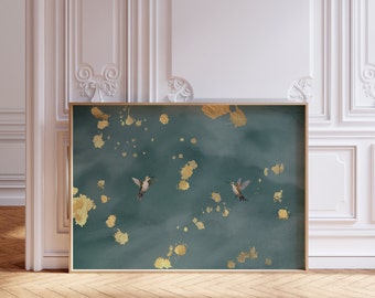 Smaragdgroen Japandi kunst aan de muur, saliegroen woonkamer decor, groen goud schilderij vogels, moderne muurkunst, grote afdrukbare download | L369