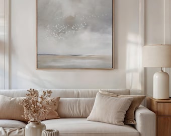 Neutral Landscape Wall Art, Minimalist Japandi Print, Flying Birds, Calming Bedroom Decor, Zen Abstract Art Square PRINTABLE Download | Q390