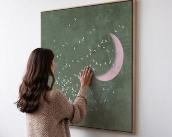 Sage Green Birds Wall Art, Square Print, Birds and Moon, Pastel Green Pink Bedroom Decor, Japandi Print Large Wall Art, Framed CANVAS | Q395