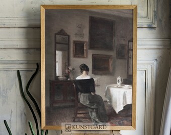 Antieke vrouw portret schilderij | Vrouw leest hoekje af | Dark Academia-muurkunst | AFDRUKBARE Instant Download | H145