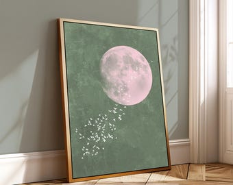 Sage Green Japandi Art, Pink Moon and Flying Birds Bedroom Decor, PRINTABLE Download | H400