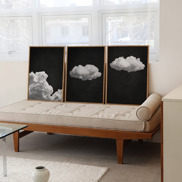 Black White Cloud Print SET of 3, Monochrome Wall Art, Dark Cloud Poster, Living Room Decor, Black Sky PRINTABLE Gallery Set | S88-3