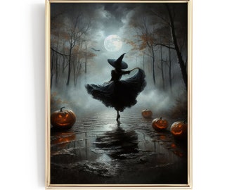 Vintage Halloween Witch Art, Moody Witchy Farmhouse Decor, Dark Witch Painting, Rustic Wiccan Halloween Print DIGITAL DOWNLOAD | H322