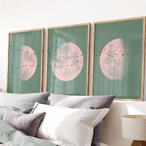 Sage Green Japandi SET of 3 Prints, Pink Moon Phase Poster, Minimalist Bedroom Wall Art, Flock of Birds Calming Green PRINTABLE Art | S119-3