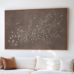 Arte mural minimalista de bandada de pájaros en marrón, impresión en lienzo escandinava japonesa / L405