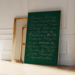 Arte de pared con "Te amo" en diferentes idiomas, color verde esmeralda, ideal como regalo para parejas, dormitorio romántico, decoración verde oscuro sobre la cama, descarga imprimible / H392