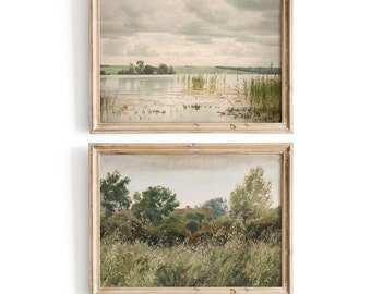 Moody Lake Landscape Painting SET of 2 | Olive Green Wall Art | Antique Summer Farmhouse Living Room Decor | PRINTABLE Digital Set | S44-2