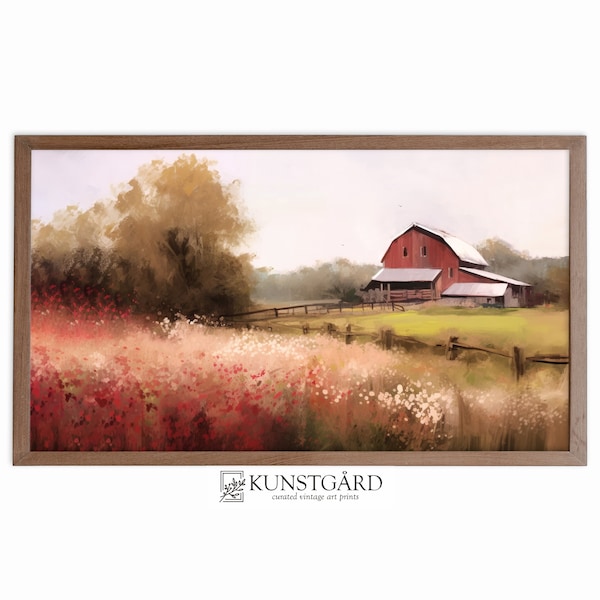 Farmhouse Landscape FRAME TV Art | Red Barn DIGITAL Painting | Rustic Country Wall Decor | Instant Download | TV004