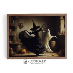 Halloween Witch Wall Art, Moody Halloween Ghost and Witch Dancing, Rustic Halloween Print, Vintage Style Halloween DIGITAL DOWNLOAD | L324