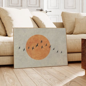 Horizontale Japandi Wandkunst, Beige Kraniche Druck, Boho Sun Kunstdruck, Vogelschwarm Malerei, minimalistisches Dekor, DRUCKBAR Download | L095