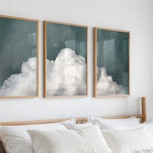 Muted Green Cloud Print SET of 3, Sage Green Decor, Above Bed Decor, Modern Wall Art, Abstract Cloud Gallery Set PRINTABLE Download | S74-3