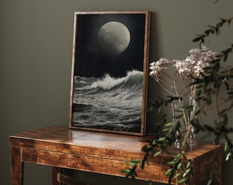 Stimmungsvoller Mond über Meer Kunstdruck | Dark Academia Wanddekor (Digitaler Download) | H225