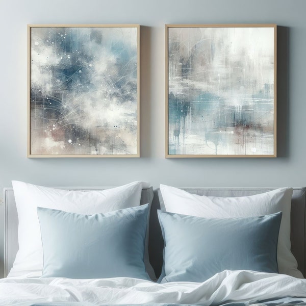 Light Blue Abstract Painting SET of 2, Neutral Beige Blue Wall Art Gallery Set Simple Modern Poster PRINTABLE Instant Download | S65-2