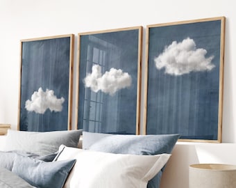 Donkerblauwe wolkenprintset, minimalistische muurkunst (digitale download)