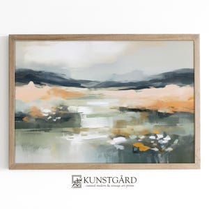 Paisaje abstracto neutro, impresión abstracta de acuarela, póster verde beige, arte moderno, pintura escandinava serena, descarga imprimible / L390