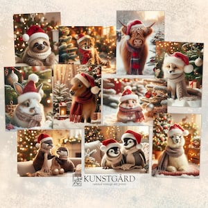 Schattige dierenkerstset van 10 prints, dieren met kerstmuts en sjaal, grappige kerstkaarten, dierenvriendcadeau, PRINTBARE set | S129-10
