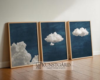Donkerblauwe wolk SET van 3 prenten, humeurige wolk, zeemanblauw decor, minimalistische woonkamer, grote poster boven bed, AFDRUKBARE muurkunst | S148-3