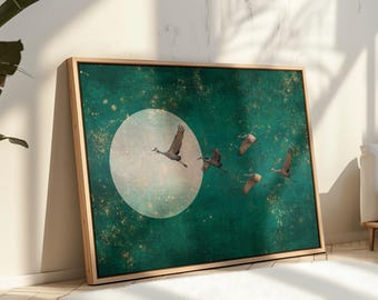 Smaragdgrün Japandi Wand Kunst, fliegende Kraniche, grün und Gold Poster, Boho Sonne, elegantes grün Wohnzimmer Dekor, DRUCKBAR Download | L395