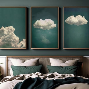LOT de 3 impressions nuage vert émeraude | Peinture de nuage vintage de Moody | Art mural vert | Téléchargement immédiat ENSEMBLE IMPRIMABLE | S24-3