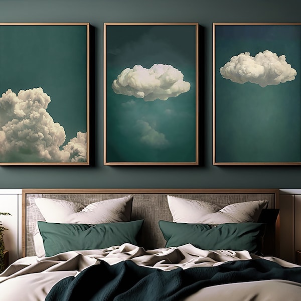 Smaragd grüne Wolke 3er Set Drucke | Stimmungsvolles Vintage Wolkenbild | Grüne Wandkunst | Sofortiger Download DRUCKBARE SET | S24-3