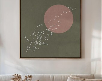May include: A digital art print featuring a flock of white birds flying towards a large, pink circle on a dark green background.