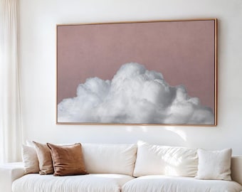 ブラッシュピンクの雲のウォールアート、モダンなリビングルームの装飾、ミニマリストの雲のアート、ムーディーな雲、大きなピンクの空、印刷可能なデジタルダウンロード | L383