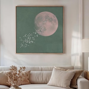 Sage Green and Pink Wall Art, Japandi Print, Flying Birds and Moon, Green Pink Living Room, Minimalist Bedroom Art PRINTABLE Download | Q382