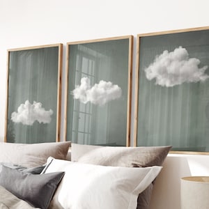 Sage Green Cloud SET de 3 impresiones, cartel de nube gris Moody Cloud moderno minimalista sala de estar arte de la pared sobre la cama IMPRIMIBLE Descargar / S109-3