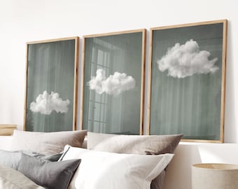 Salbeigrüne Wolke 3er-Set, Graue Wolke Poster Moody Cloud Moderne minimalistische Wohnzimmer-Wandkunst über dem Bett DRUCKBARER Download | S109-3