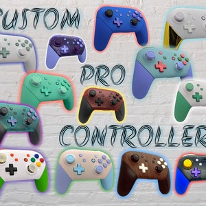 May include: A collection of custom Nintendo Switch Pro controllers in various colours and designs. The controllers feature different coloured buttons, faceplates, and grips. The text "CUSTOM PRO CONTROLLERS" is written in a colourful font across the image.
