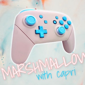 May include: A pink Nintendo Switch controller with blue buttons and the text "MARSHMALLOW with capri" on a white and blue background.