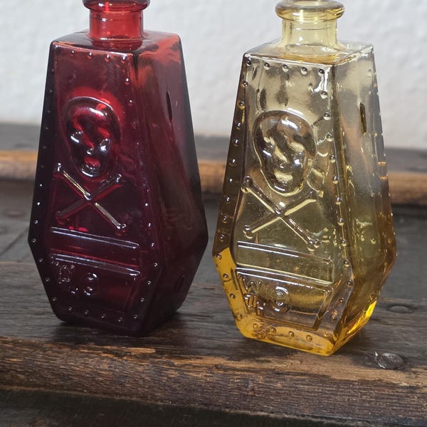 Vintage Wheaton Poison Coffin Bottles Red Amber Glass Skull Crossbones RIP Use With Care Halloween Apothecary Decor