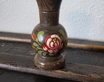 Vintage Hand Painted Rose Wooden Bud Vase, Black Forest Folk Art Souvenir