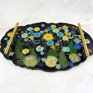 Dried Flower Resin Tray: Glitter Black Decorative Tray with Gold Handles